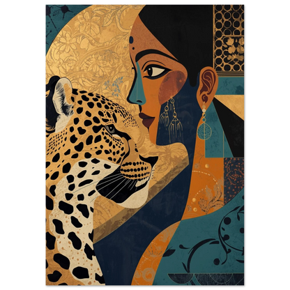 Abstrakt leopardmotiv med mörkblå bakgrund och guldinslag, konstnärligt print