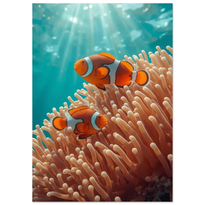 Detaljrik undervattensbild på clownfiskar och anemoner i ett tropiskt hav