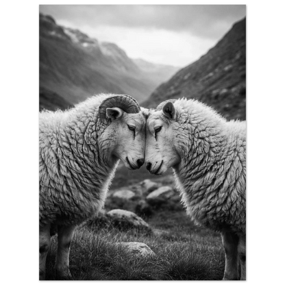 Detaljvy av får med imponerande ull och horn i svartvitt landskap – Fotorealistisk poster