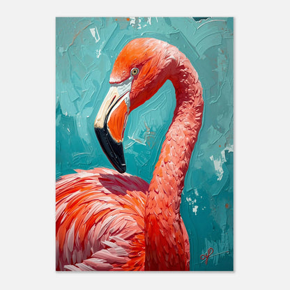 Modern tavla med en stolt flamingo i livfulla korallfärger och textur