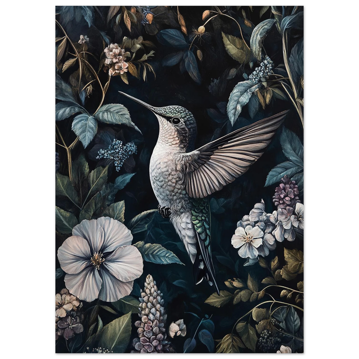 Närbild på kolibriposter med dramatiska skuggor och botaniska inslag i oljestil