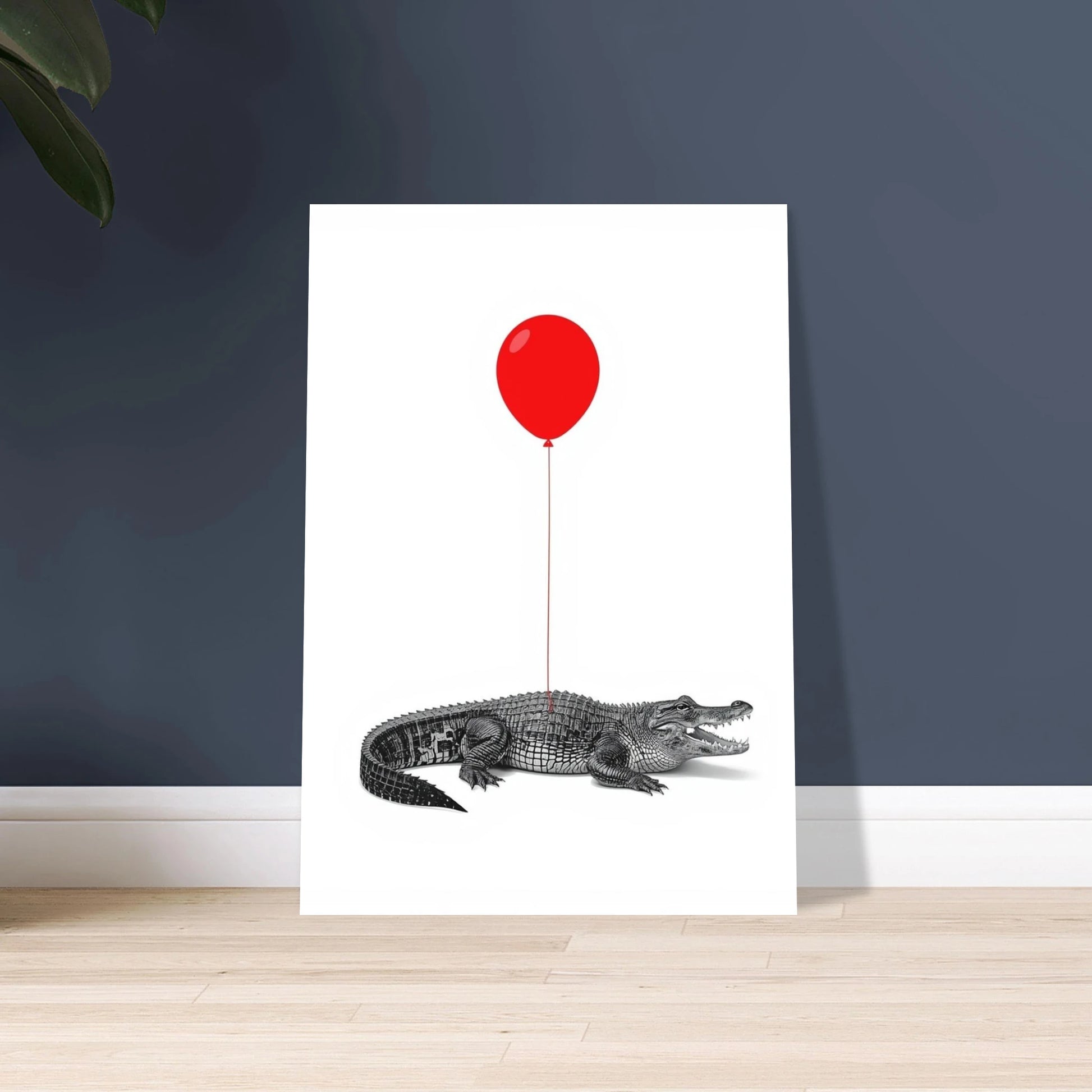 Krokodil med röd ballong, minimalistisk konst, svartvit illustration