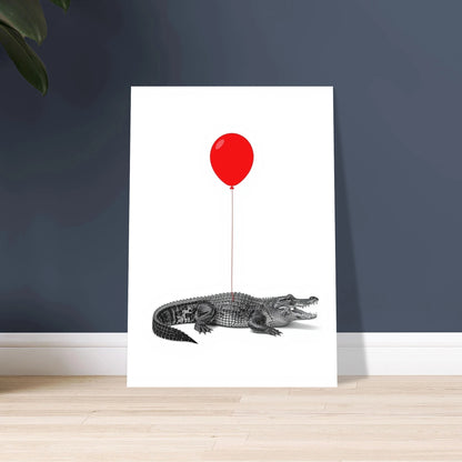 Krokodil med röd ballong, minimalistisk konst, svartvit illustration