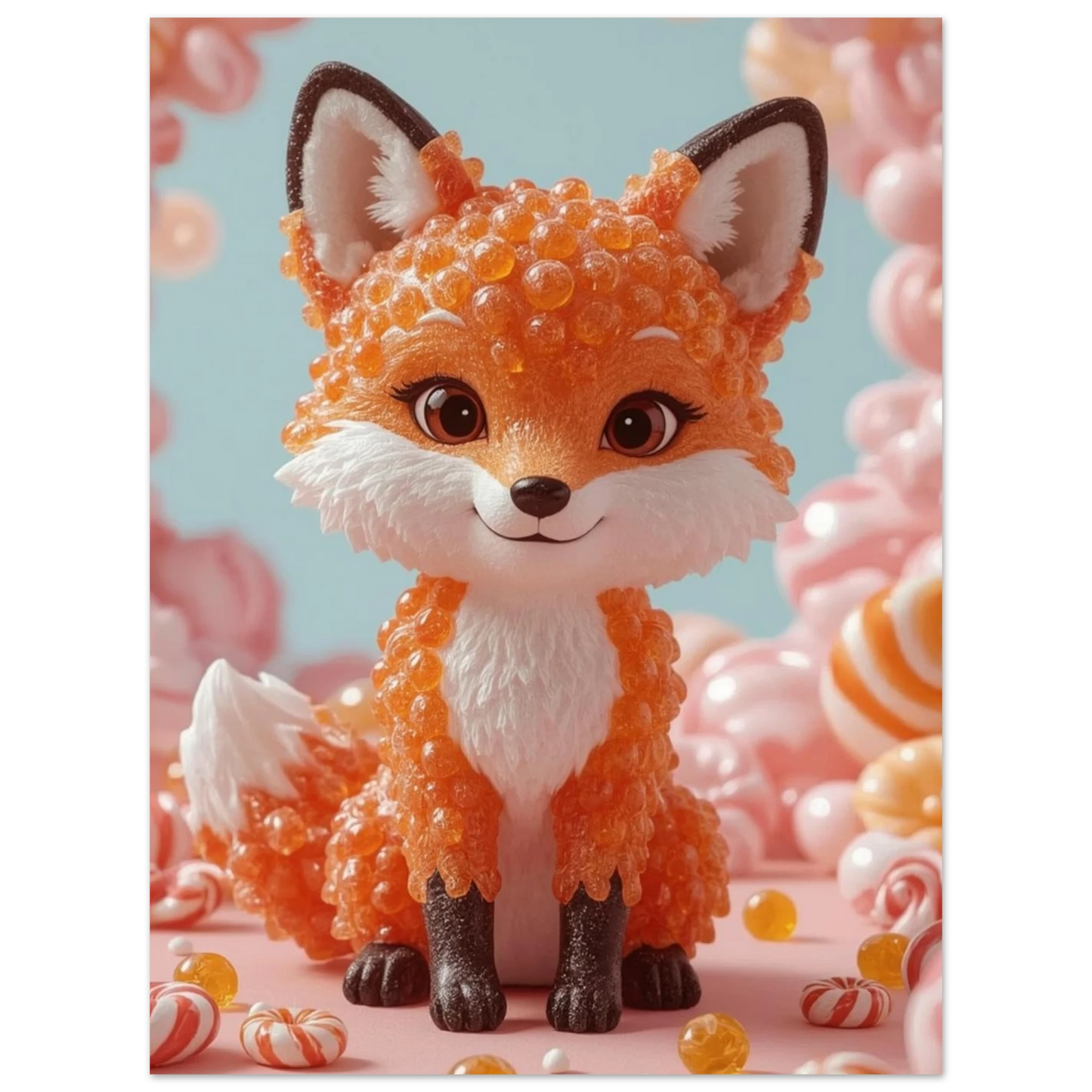 Konstnärlig 3D-illustration av en räv i en fantasivärld av godis
