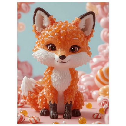 Konstnärlig 3D-illustration av en räv i en fantasivärld av godis