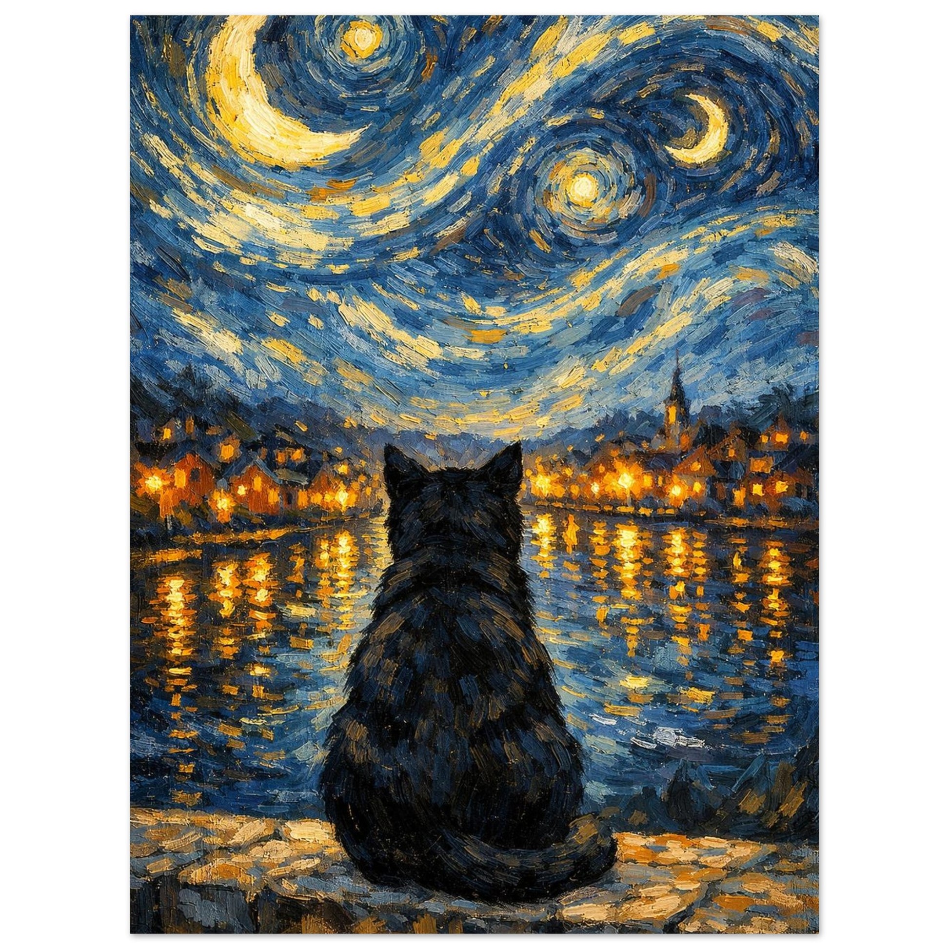 Konstnärligt motiv av en katt och en speglande flod i expressionistisk stil – Målad Poster