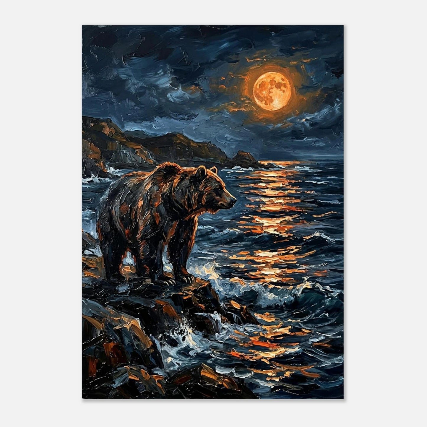 Konstnärligt print av björn vid vågorna i djupblå natt