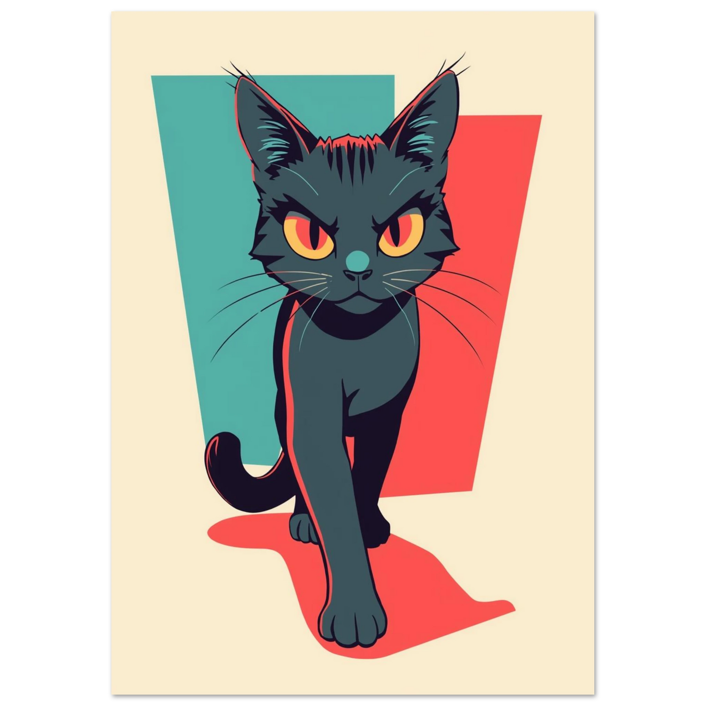 Modern kattposter med stiliserade former och intensiva orangea kattögon