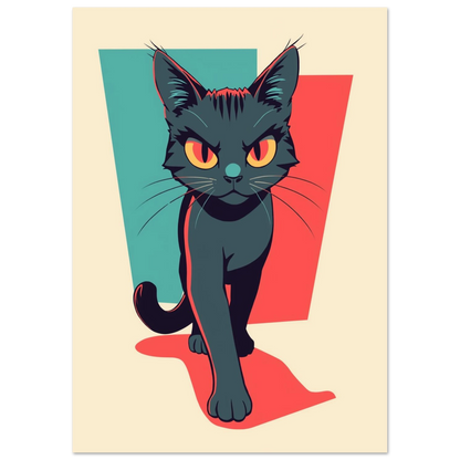 Modern kattposter med stiliserade former och intensiva orangea kattögon
