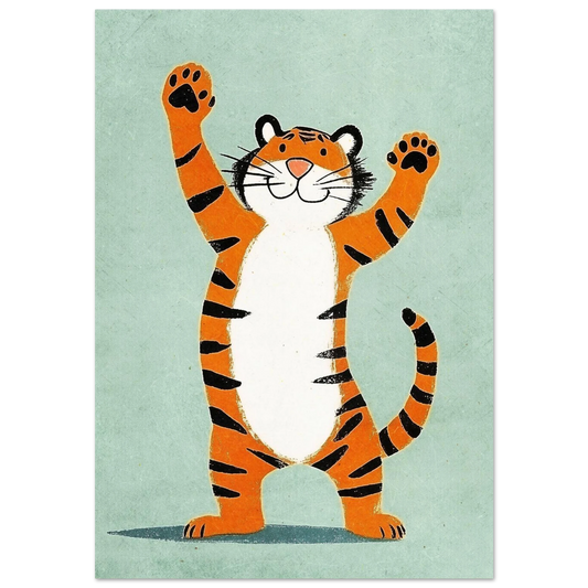 Glad orange tiger som sträcker upp tassarna mot ljusblå bakgrund