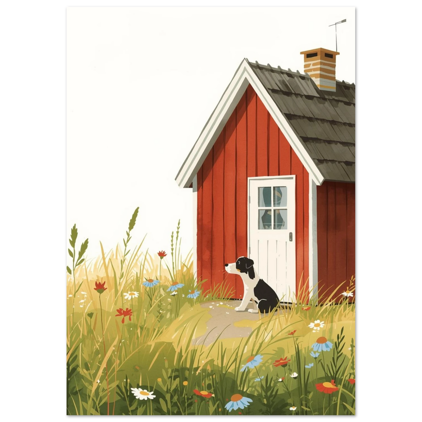Lantlig djurposter föreställande en hund som vaktar en röd stuga