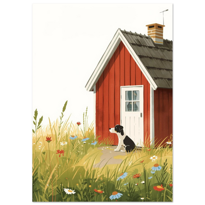 Lantlig djurposter föreställande en hund som vaktar en röd stuga