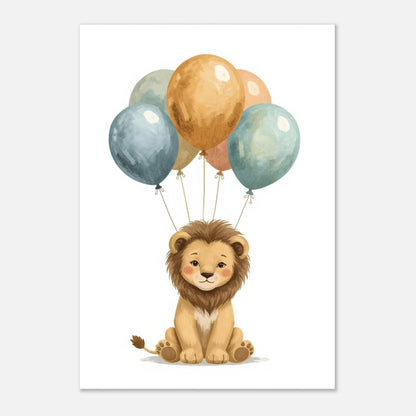 Mjukt målad lejonunge med ballonger i dämpade jordnära toner