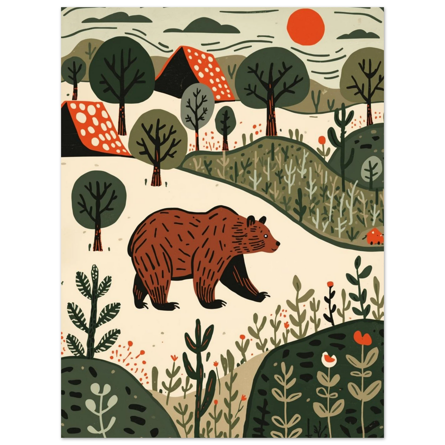 Illustration av björn bland träd och kullar i nordisk design, väggkonst