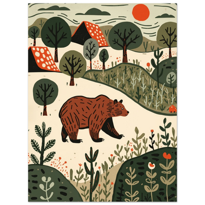 Illustration av björn bland träd och kullar i nordisk design, väggkonst
