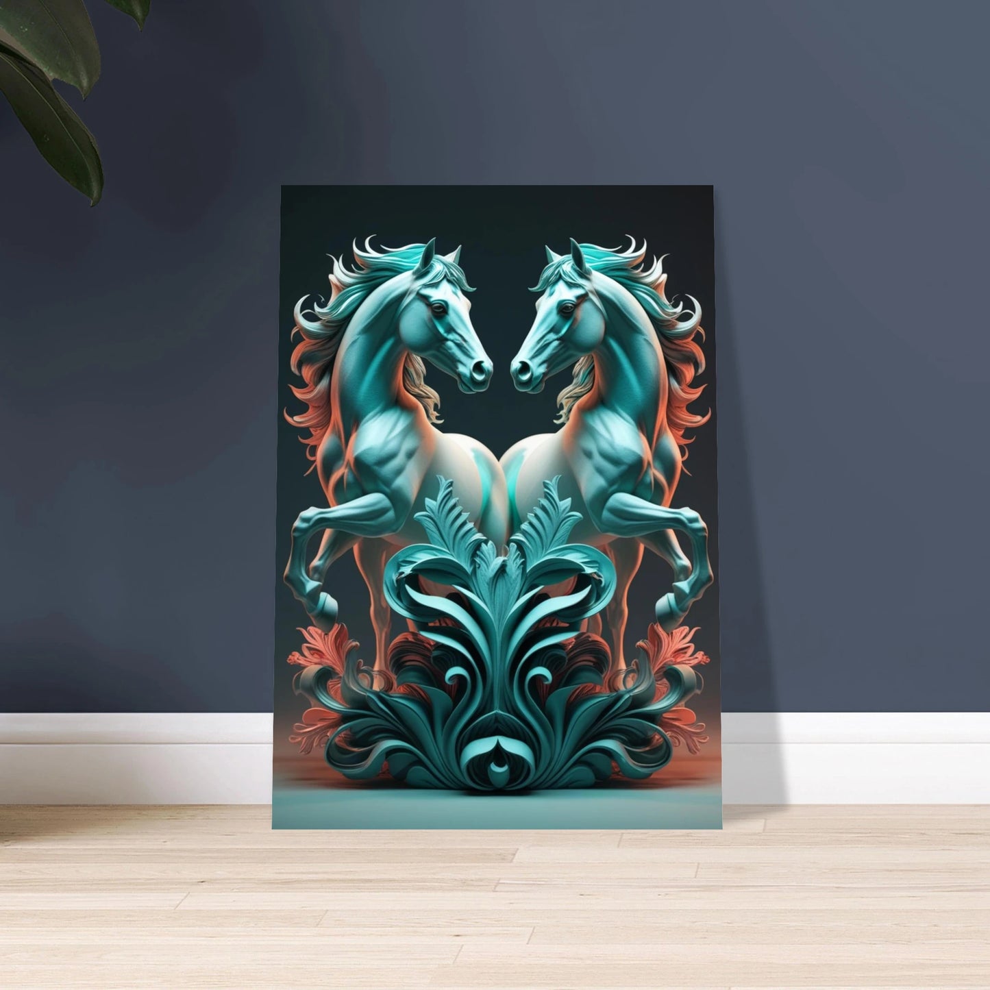 Två symmetriska hästar i konstnärlig stil, mystisk och elegant design.
