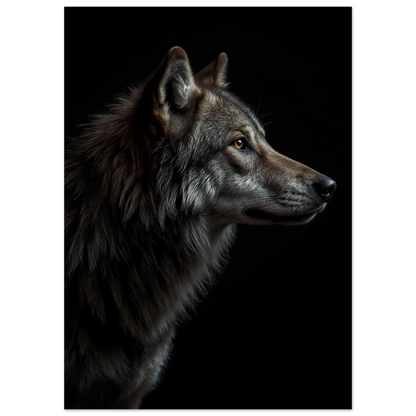 Närbild på vargens ansikte och hals i profil, mörka toner – Fotorealistisk poster