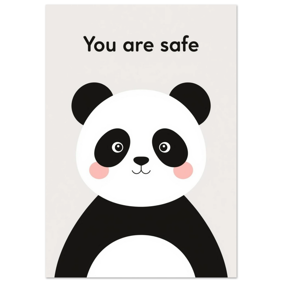 Söt panda med rosa kinder och texten You are safe – barnposter