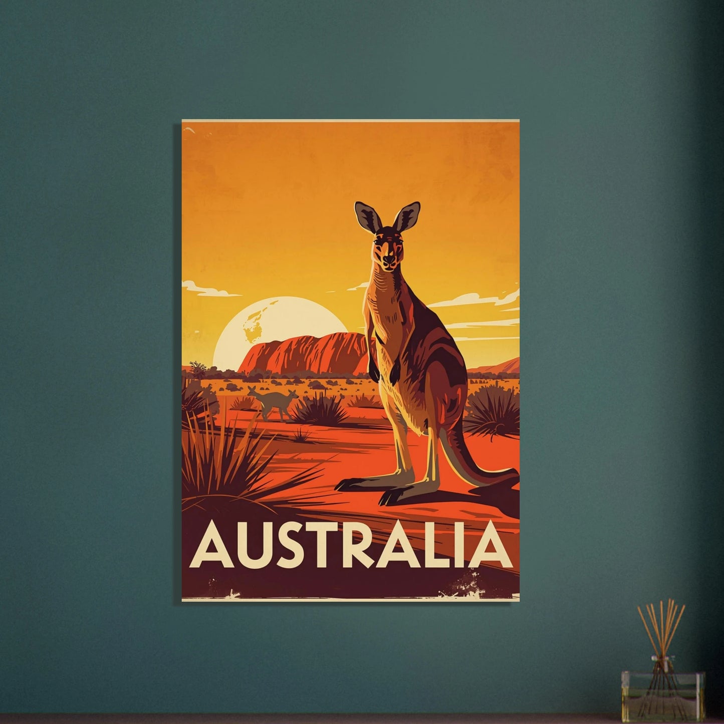 Känguru i australiensiskt ökenlandskap vid solnedgången, vintage reseposter