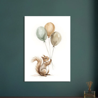 Söt ekorre med ballonger, lekfull akvarellkonst för barnrummet.