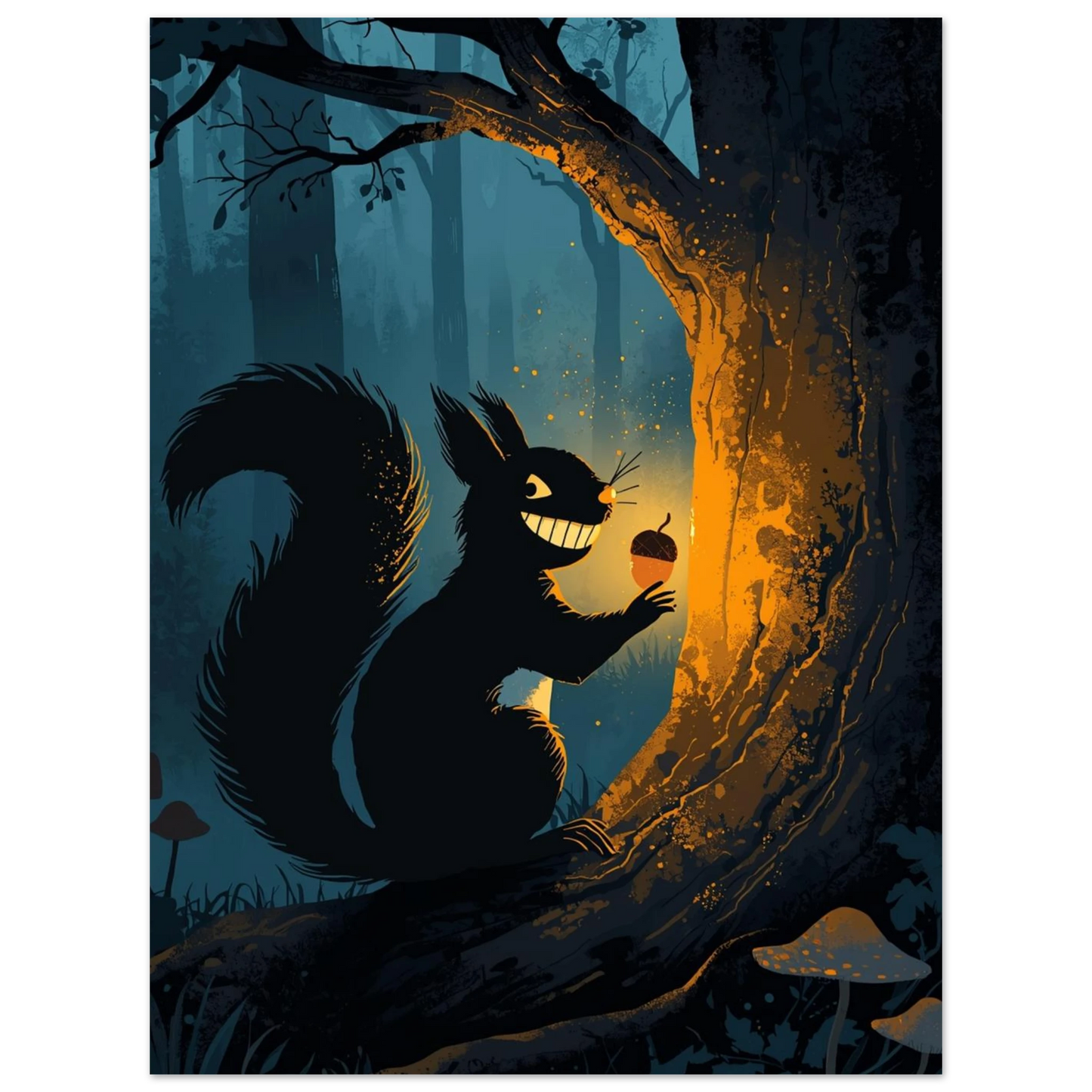 Mörkblå naturposter med en busig ekorre och lysande svampar i skymningen