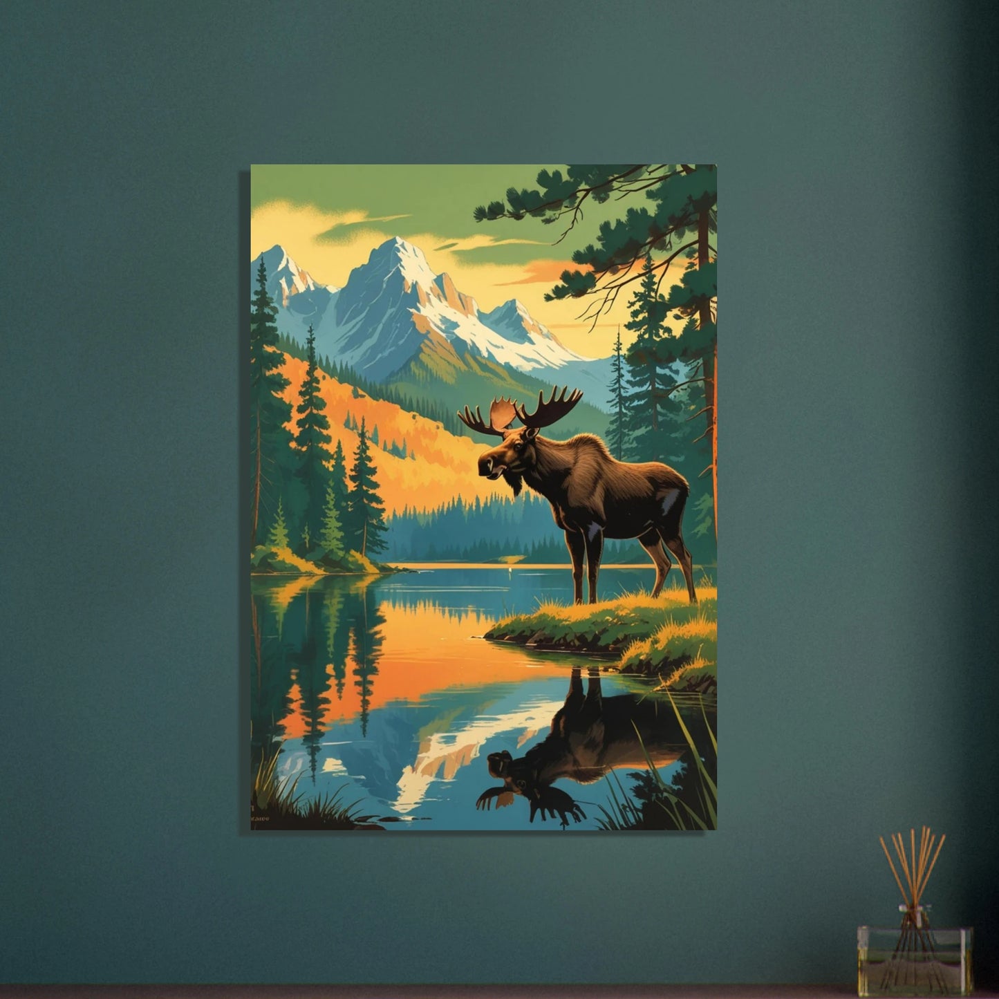 Majestätisk älg vid sjö i bergigt landskap, vintage posterstil
