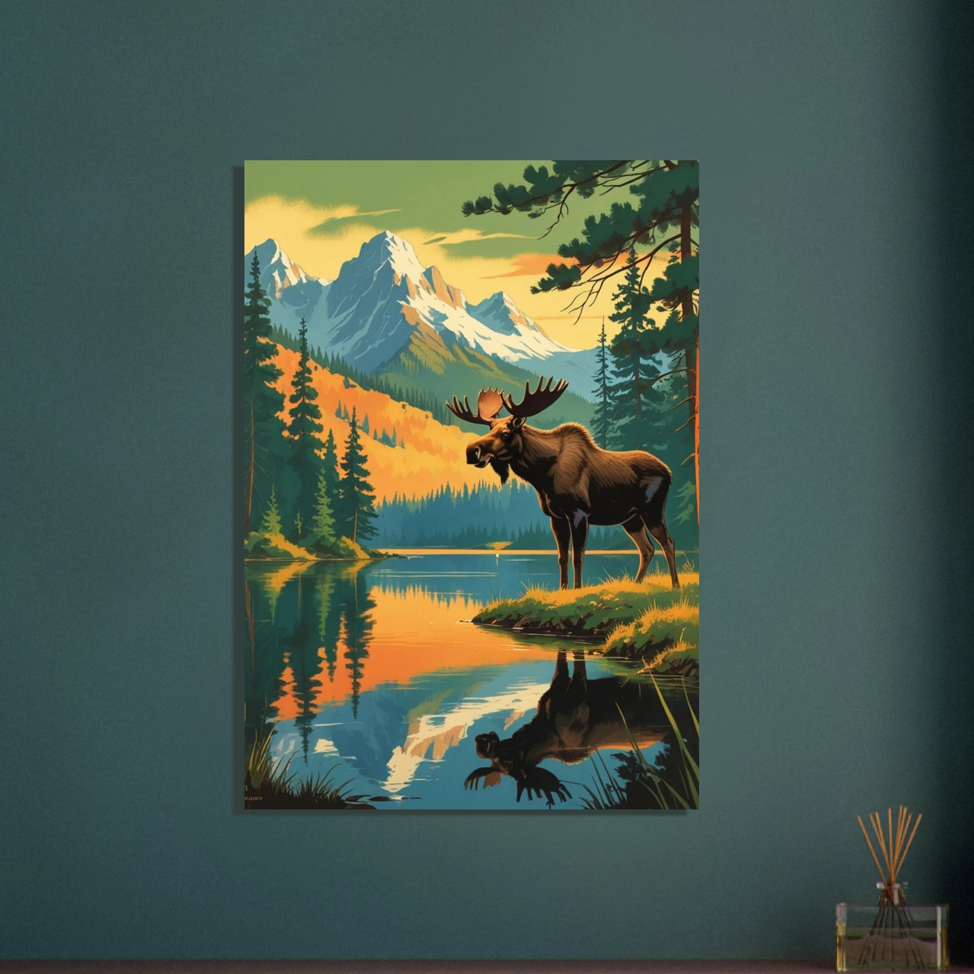 Majestätisk älg vid sjö i bergigt landskap, vintage posterstil