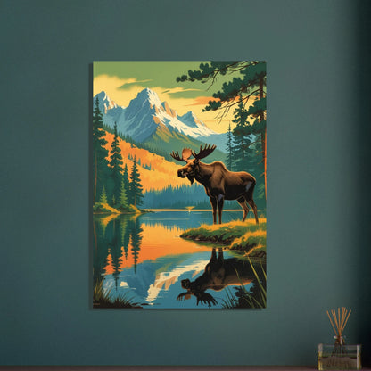 Majestätisk älg vid sjö i bergigt landskap, vintage posterstil
