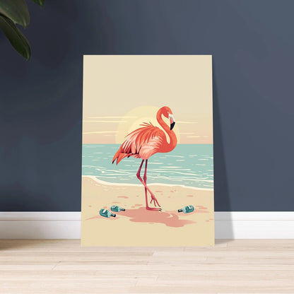 Flamingo vid strandkanten i stiliserad solnedgång, lugn känsla