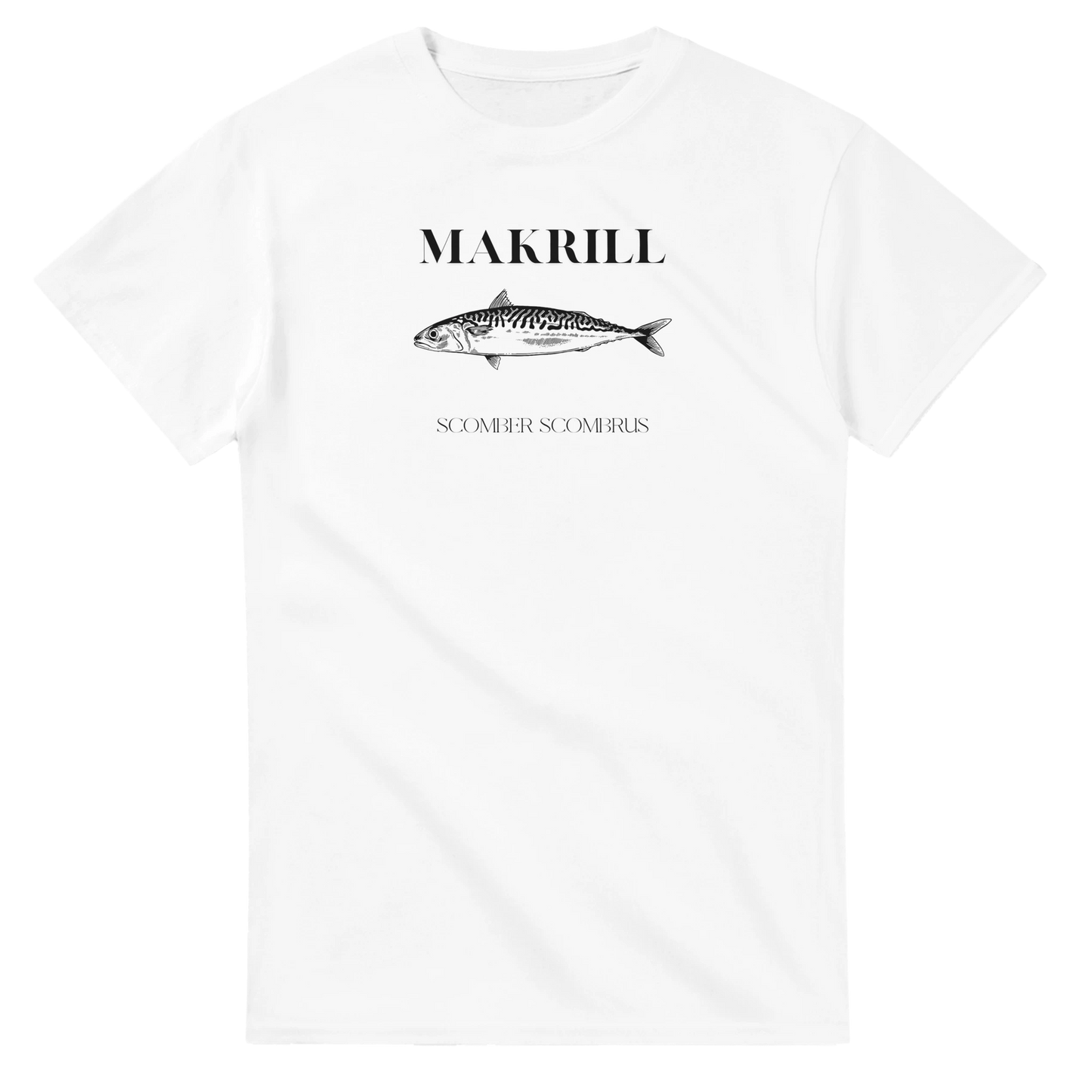 Vit t-shirt med svartvitt makrillmotiv och latinsk text – Retro T-shirt