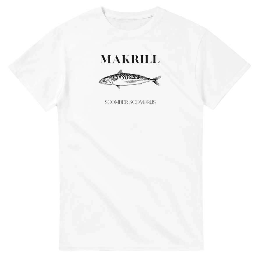 Vit t-shirt med svartvitt makrillmotiv och latinsk text – Retro T-shirt
