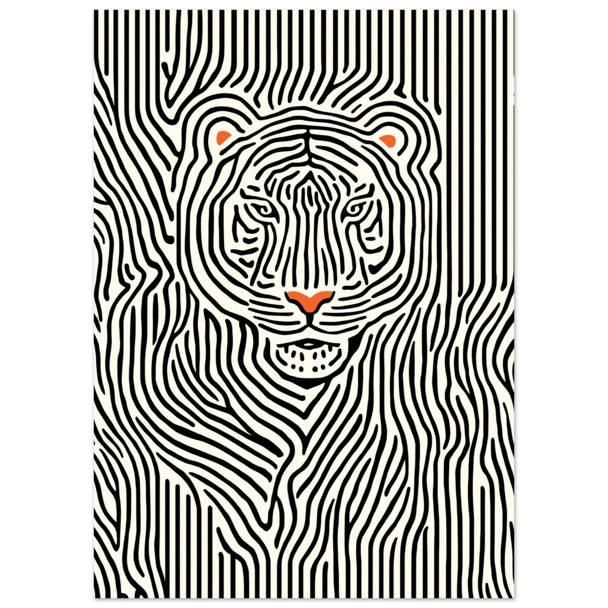 Modern linjekonst föreställande ett tigeransikte med diskreta orangea öron och nos