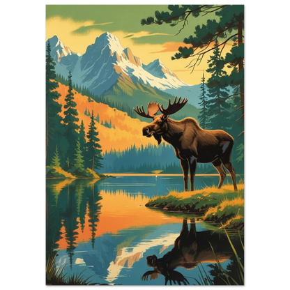Illustration av en ståtlig skogens konung vid vattenbryn i höstfärger