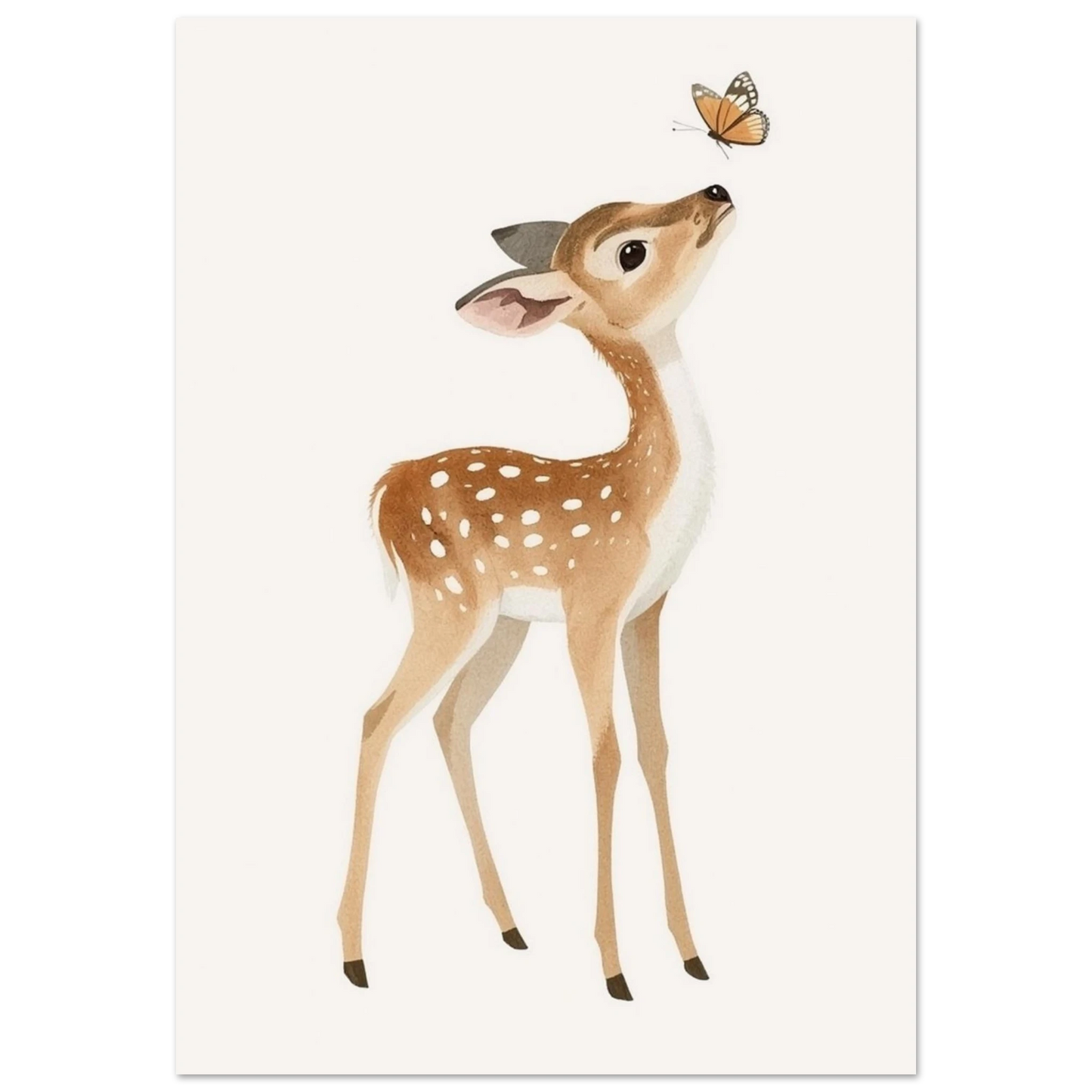 Tecknat rådjurskid med vit-prickig päls som tittar upp mot en orange fjäril mot en ljus bakgrund – Tecknad poster