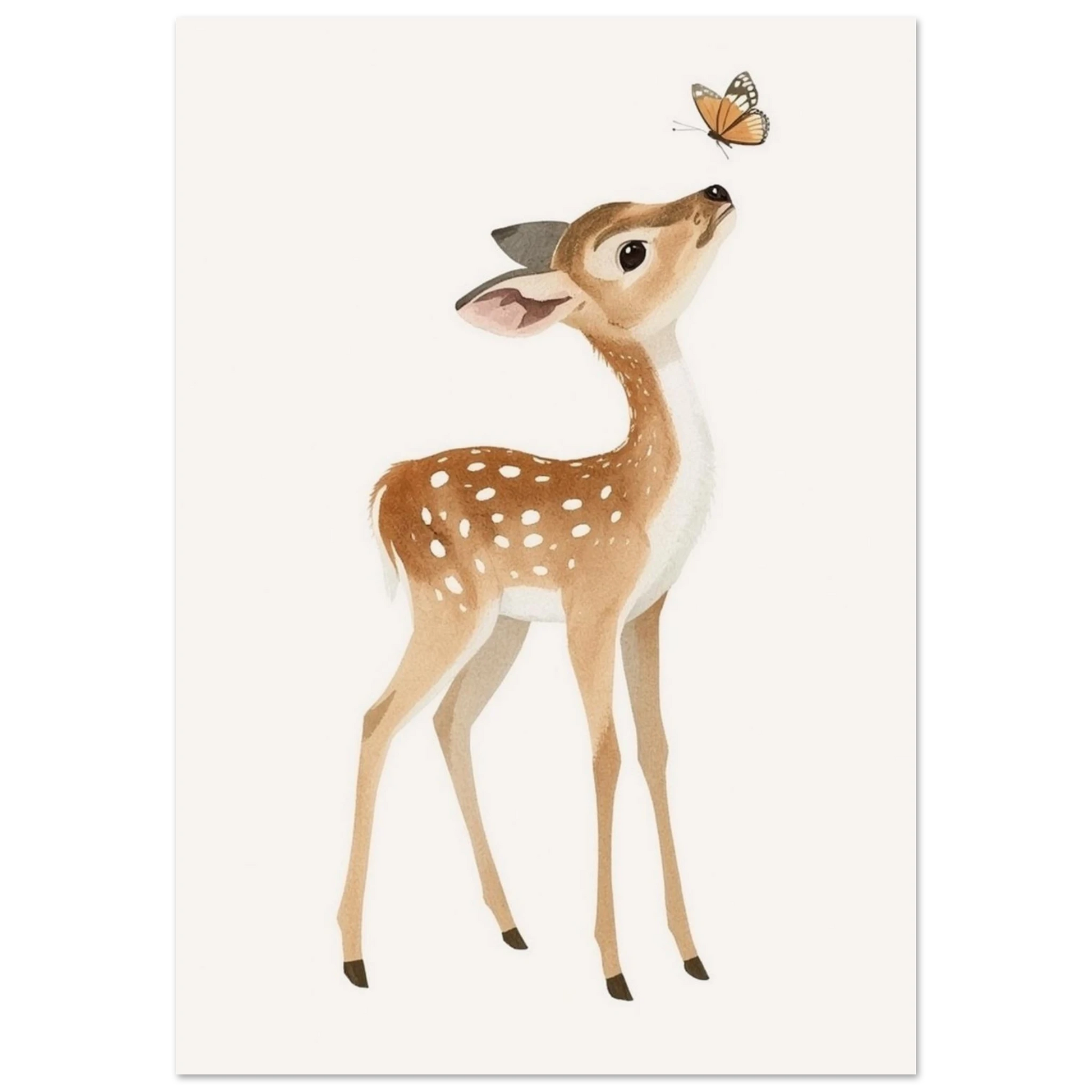 Tecknat rådjurskid med vit-prickig päls som tittar upp mot en orange fjäril mot en ljus bakgrund – Tecknad poster