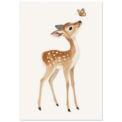 Tecknat rådjurskid med vit-prickig päls som tittar upp mot en orange fjäril mot en ljus bakgrund – Tecknad poster