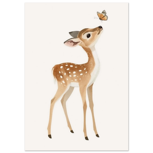 Tecknat rådjurskid med vit-prickig päls som tittar upp mot en orange fjäril mot en ljus bakgrund – Tecknad poster