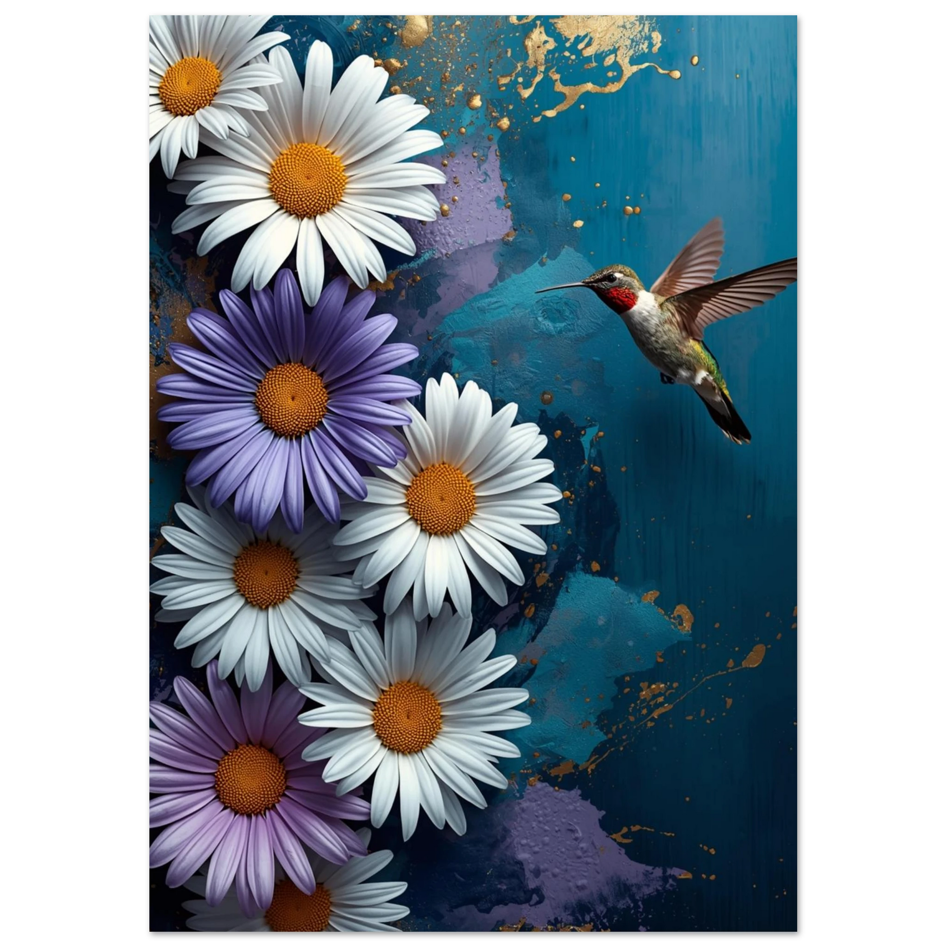 Färgglad fågelposter föreställande en kolibri i rörelse bland stora blomblad och guld