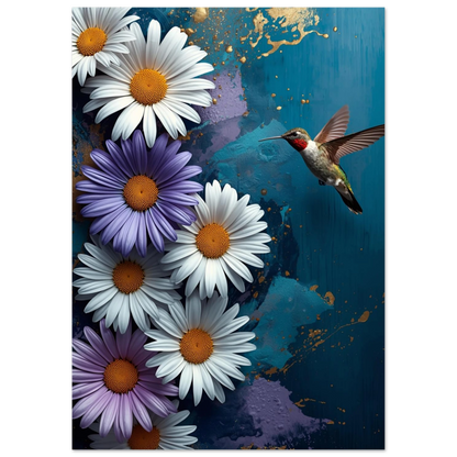 Färgglad fågelposter föreställande en kolibri i rörelse bland stora blomblad och guld