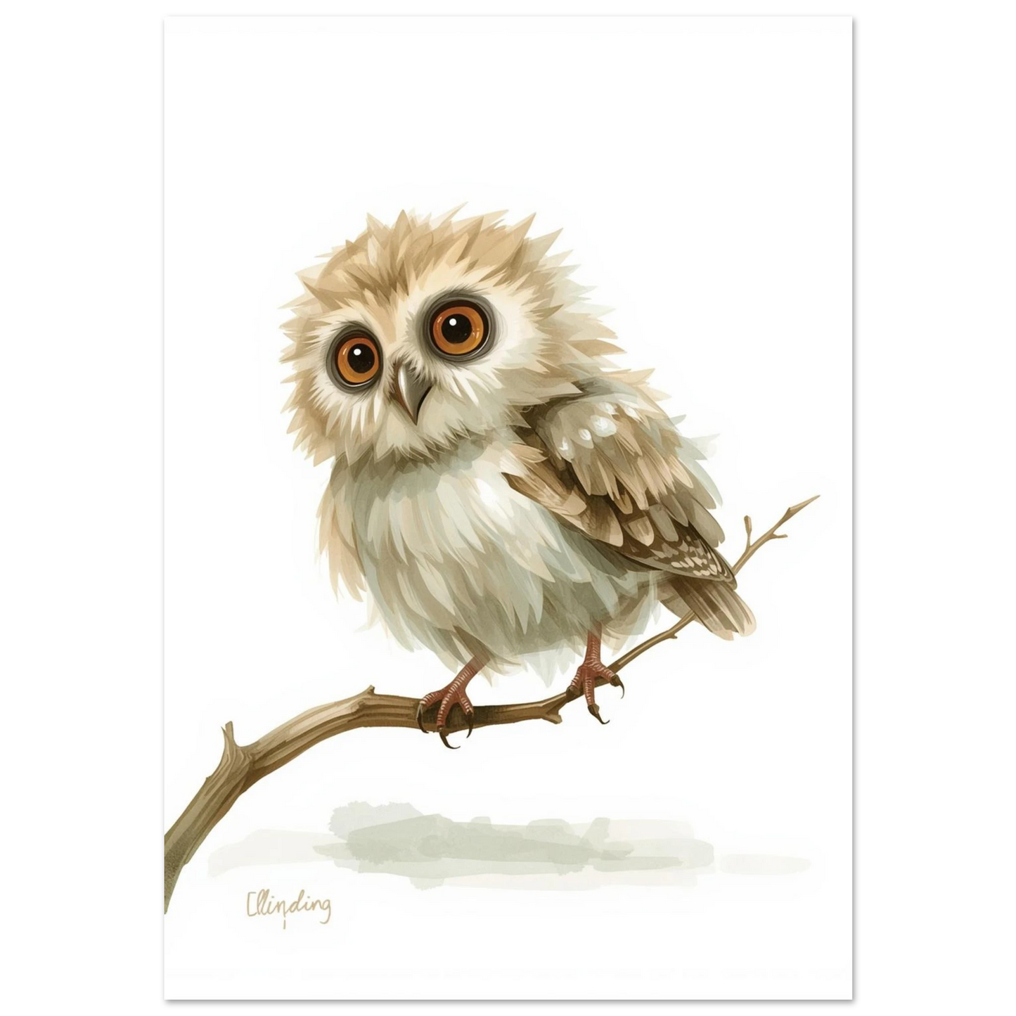 Fluffig uggleunge med stora bruna ögon på en gren, digital illustration