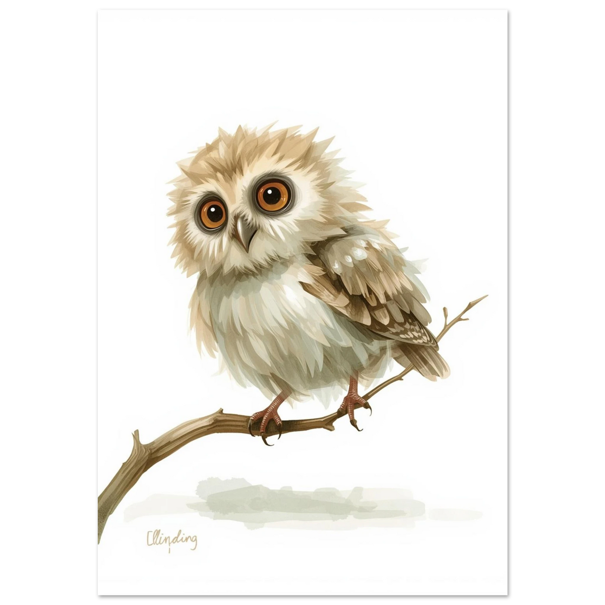 Fluffig uggleunge med stora bruna ögon på en gren, digital illustration