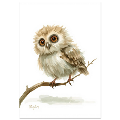 Fluffig uggleunge med stora bruna ögon på en gren, digital illustration