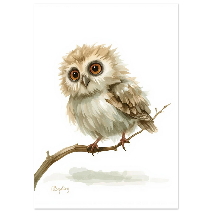 Fluffig uggleunge med stora bruna ögon på en gren, digital illustration