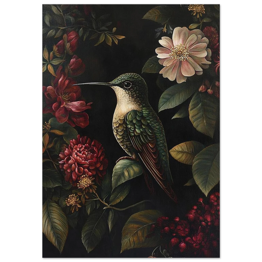 Grön kolibri vilande på ett blad bland mörka blommor – botanisk poster