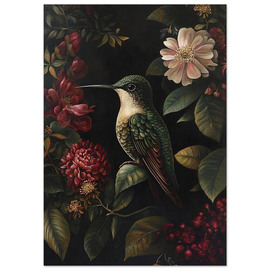 Grön kolibri vilande på ett blad bland mörka blommor – botanisk poster