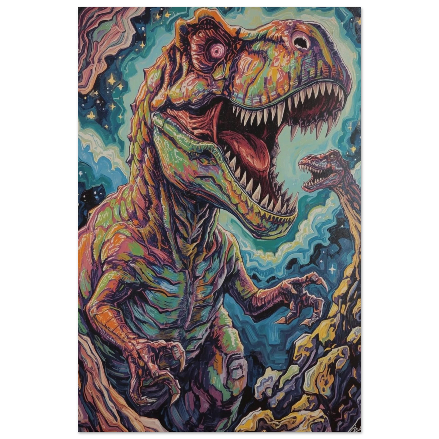 Närbild på ett detaljrikt dinosaurietryck med kraftfullt och lekfullt uttryck