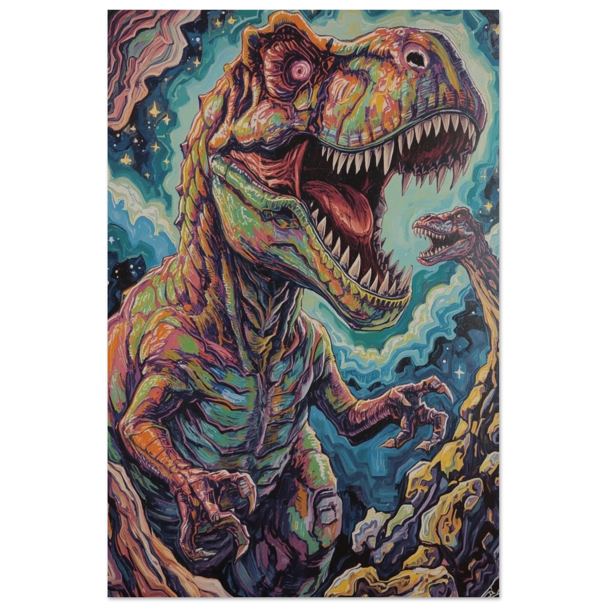 Närbild på ett detaljrikt dinosaurietryck med kraftfullt och lekfullt uttryck