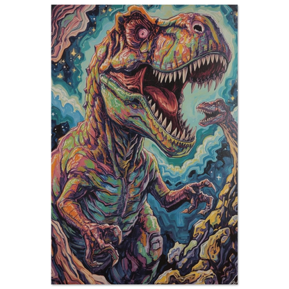 Närbild på ett detaljrikt dinosaurietryck med kraftfullt och lekfullt uttryck