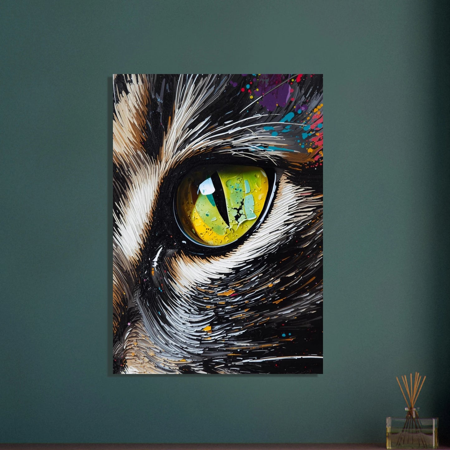 Kattöga i expressiv impasto oljemålning med mystisk blick
