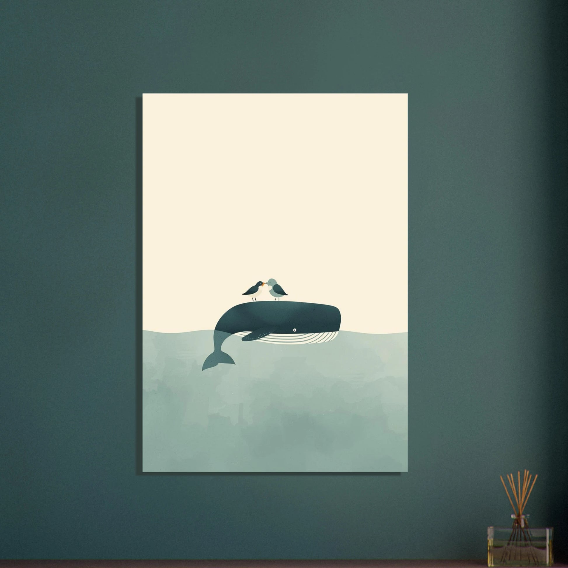 Minimalistisk illustration av val med två fåglar på ryggen
